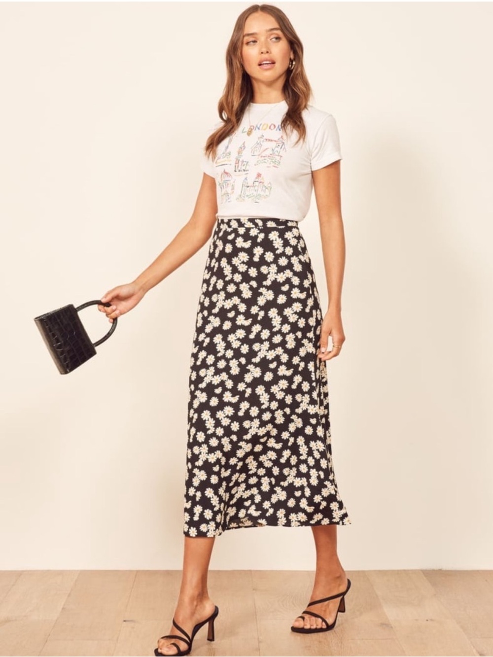 Reformation Bea Daisy Chain Floral Midi Skirt. Black and White. SIZE 10, EUC!